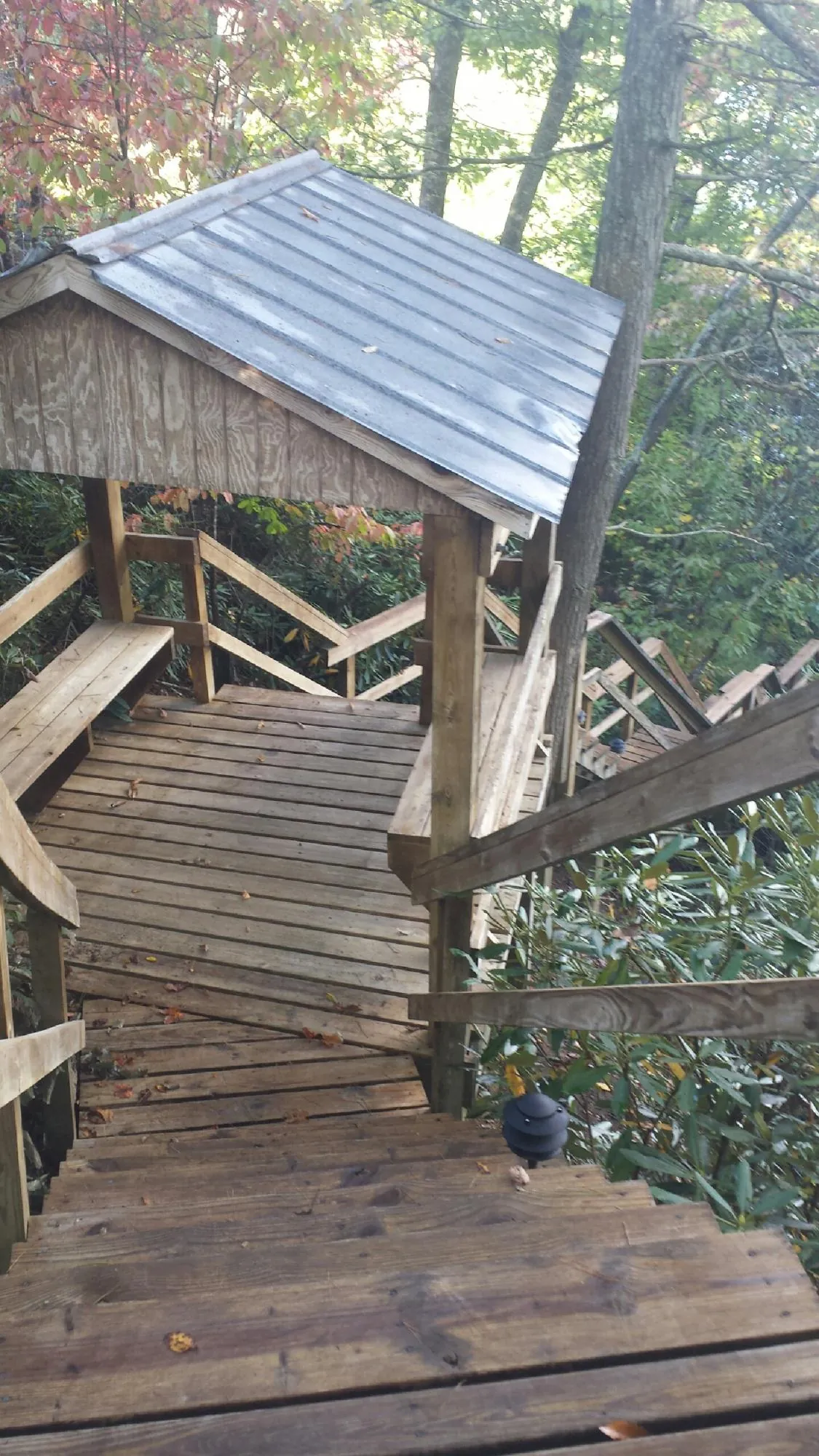Metal roofed shelter over wooden steps on a wooded walkway — Skylight Repair & Installation work by our crew in Lake Forest